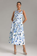 Celeste White Floral Print Dress with Cut-Out Detailing Ruched Bodice and Flowing Fabric for Special Occasions