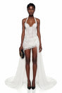 Céleste White Halterneck Floral Lace Mini Dress with Train