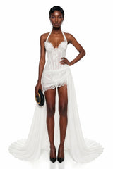 Céleste White Halterneck Floral Lace Mini Dress with Train