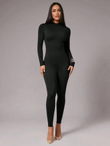 Celestina Jumpsuit - High Stretch Elasticity - Skinny Fit - Casual Style - Long Length - Stand Collar Neckline - Regular Sleeve Type