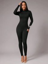 Celestina Jumpsuit - High Stretch Elasticity - Skinny Fit - Casual Style - Long Length - Stand Collar Neckline - Regular Sleeve Type