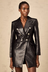 Celestina Mini Dress - Faux Leather - Lion Head Buttons - Double - Breasted Fastening