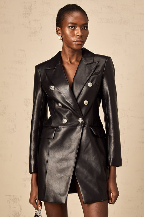 Celestina Mini Dress - Faux Leather - Lion Head Buttons - Double - Breasted Fastening
