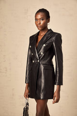 Celestina Mini Dress - Faux Leather - Lion Head Buttons - Double - Breasted Fastening