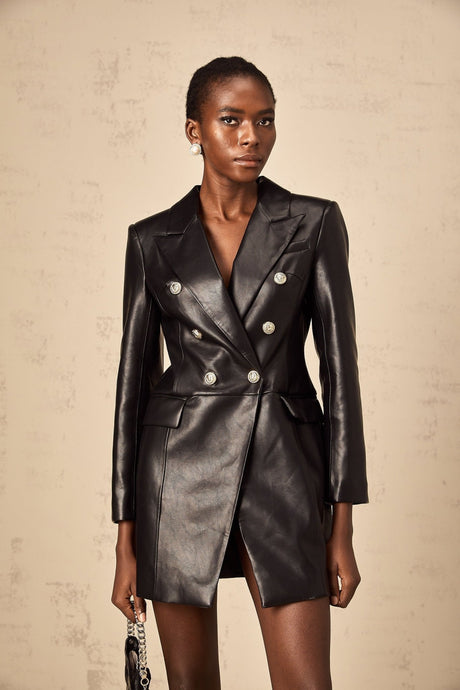 Celestina Mini Dress - Faux Leather - Lion Head Buttons - Double - Breasted Fastening