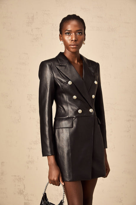 Celestina Mini Dress - Faux Leather - Lion Head Buttons - Double - Breasted Fastening