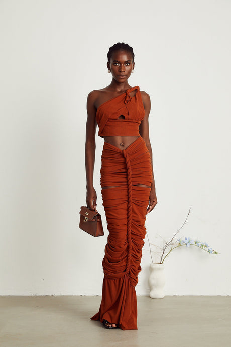 Célestine brown twisted cutout top  skirt matching set