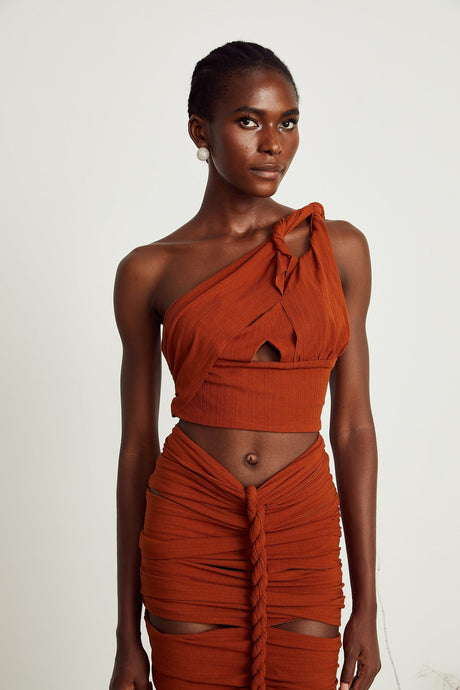 Célestine brown twisted cutout top  skirt matching set