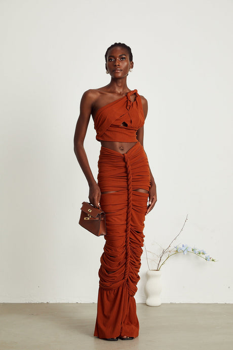 Célestine brown twisted cutout top  skirt matching set