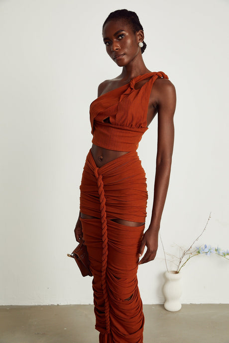 Célestine brown twisted cutout top  skirt matching set