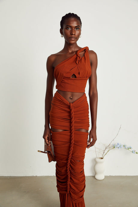 Célestine brown twisted cutout top  skirt matching set