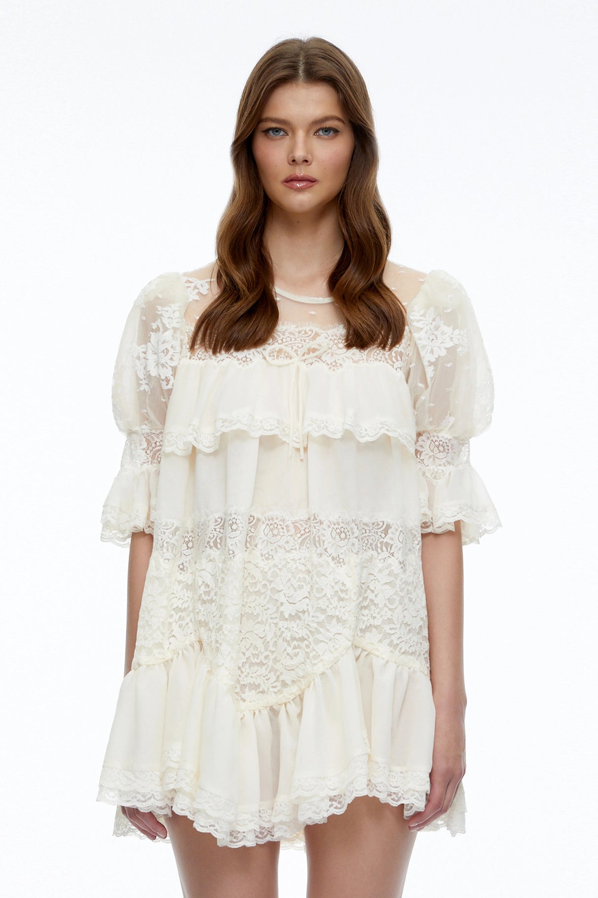 Celinda Cream Lace Ruffled Mini Dress