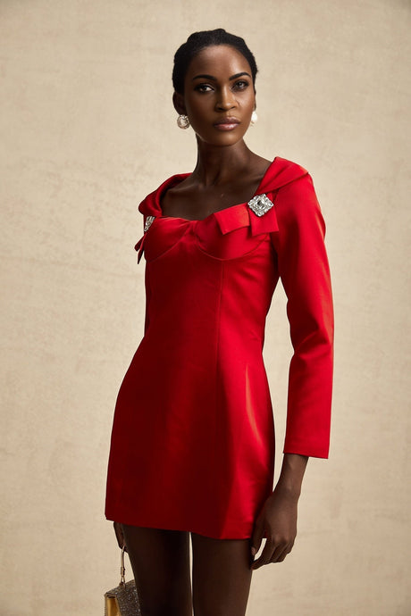 Céline Mini Dress - Corset Style - Lapels - Long Sleeves - Crystal Embellishment