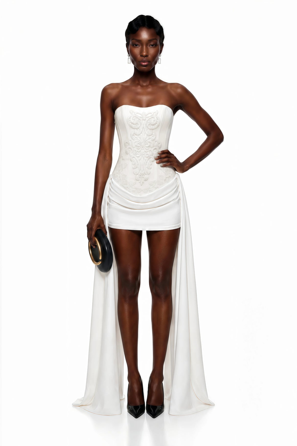 Ceren White Asymmetrical Floral Embroidered Mini Dress