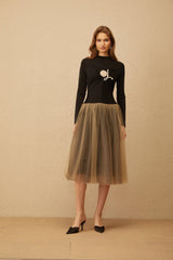 Cézanne Black Crochet Detail Tulle Panel Midi Dress