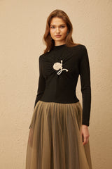 Cézanne Black Crochet Detail Tulle Panel Midi Dress