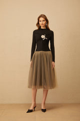Cézanne Black Crochet Detail Tulle Panel Midi Dress