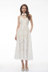 Chakame White Floral Lace Midi Dress