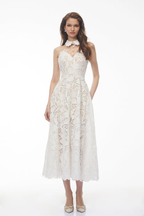 Chakame White Floral Lace Midi Dress