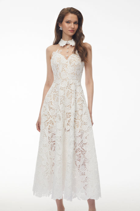 Chakame White Floral Lace Midi Dress