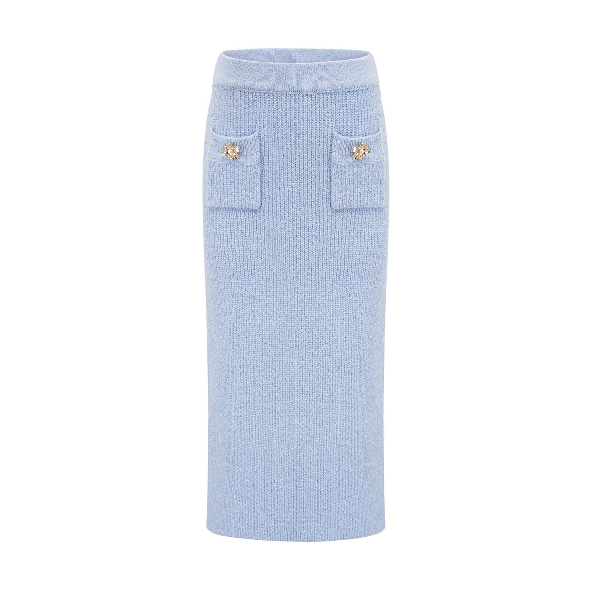 Chantal blue knit blouse and skirt matching set on white background