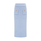 Chantal blue knit blouse and skirt matching set on white background