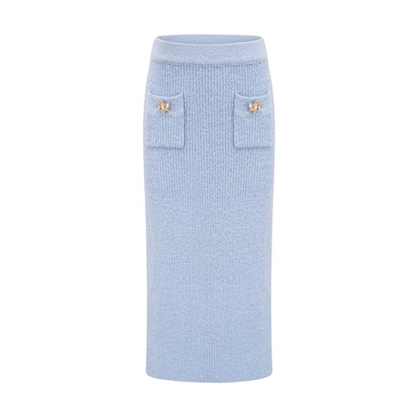 Chantal blue knit blouse and skirt matching set on white background