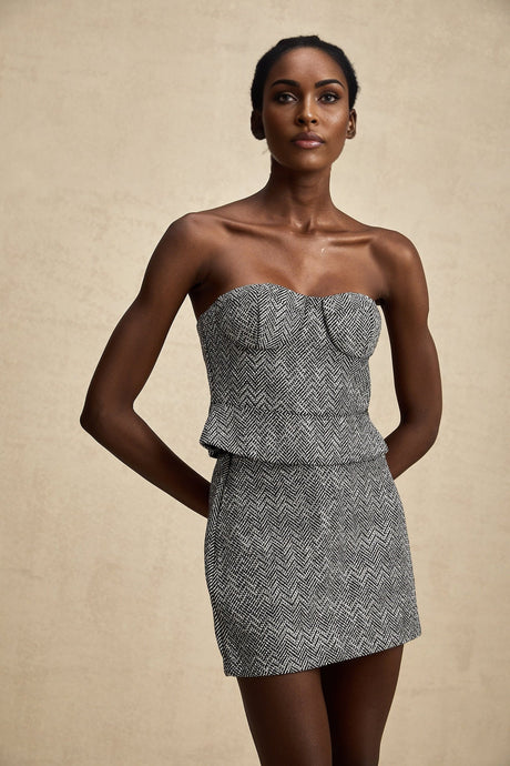 Chantal Crop Top – Cropped Corset - Inspired Fit – Grey Herringbone Pattern – Subtle Metal Studs – Rear Zip Closure – Tailored Silhouette