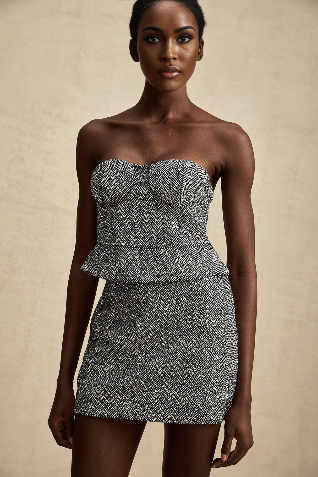 Chantal Crop Top – Cropped Corset - Inspired Fit – Grey Herringbone Pattern – Subtle Metal Studs – Rear Zip Closure – Tailored Silhouette