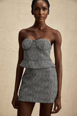 Chantal Crop Top – Cropped Corset - Inspired Fit – Grey Herringbone Pattern – Subtle Metal Studs – Rear Zip Closure – Tailored Silhouette