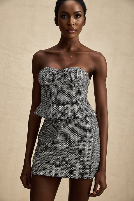 Chantal Crop Top – Cropped Corset - Inspired Fit – Grey Herringbone Pattern – Subtle Metal Studs – Rear Zip Closure – Tailored Silhouette