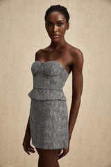Chantal Crop Top – Cropped Corset - Inspired Fit – Grey Herringbone Pattern – Subtle Metal Studs – Rear Zip Closure – Tailored Silhouette