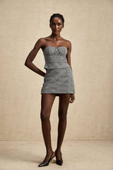 Chantal Crop Top – Cropped Corset - Inspired Fit – Grey Herringbone Pattern – Subtle Metal Studs – Rear Zip Closure – Tailored Silhouette