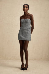 Chantal Crop Top – Cropped Corset - Inspired Fit – Grey Herringbone Pattern – Subtle Metal Studs – Rear Zip Closure – Tailored Silhouette