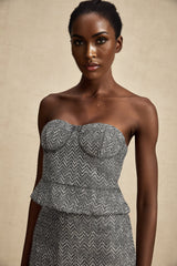 Chantal Crop Top – Cropped Corset - Inspired Fit – Grey Herringbone Pattern – Subtle Metal Studs – Rear Zip Closure – Tailored Silhouette
