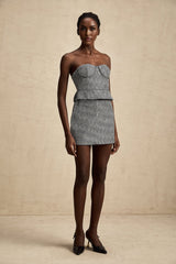 Chantal Crop Top – Cropped Corset - Inspired Fit – Grey Herringbone Pattern – Subtle Metal Studs – Rear Zip Closure – Tailored Silhouette