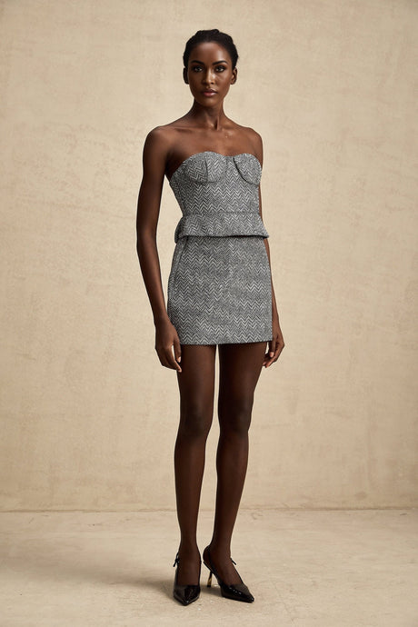Chantal Crop Top – Cropped Corset - Inspired Fit – Grey Herringbone Pattern – Subtle Metal Studs – Rear Zip Closure – Tailored Silhouette