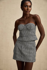 Chantal Crop Top – Cropped Corset - Inspired Fit – Grey Herringbone Pattern – Subtle Metal Studs – Rear Zip Closure – Tailored Silhouette