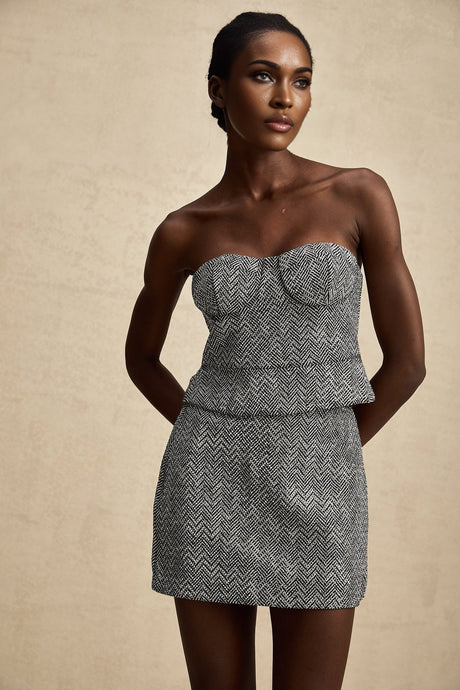 Chantal Crop Top – Cropped Corset - Inspired Fit – Grey Herringbone Pattern – Subtle Metal Studs – Rear Zip Closure – Tailored Silhouette