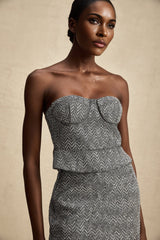 Chantal Crop Top – Cropped Corset - Inspired Fit – Grey Herringbone Pattern – Subtle Metal Studs – Rear Zip Closure – Tailored Silhouette