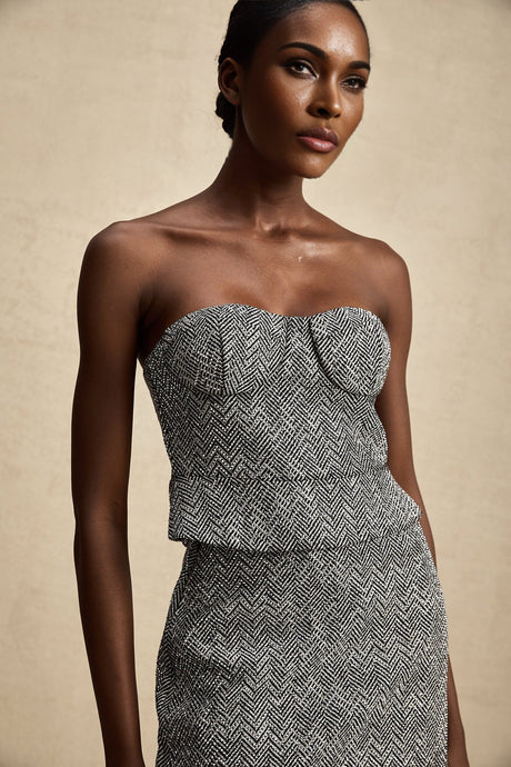 Chantal Crop Top – Cropped Corset - Inspired Fit – Grey Herringbone Pattern – Subtle Metal Studs – Rear Zip Closure – Tailored Silhouette