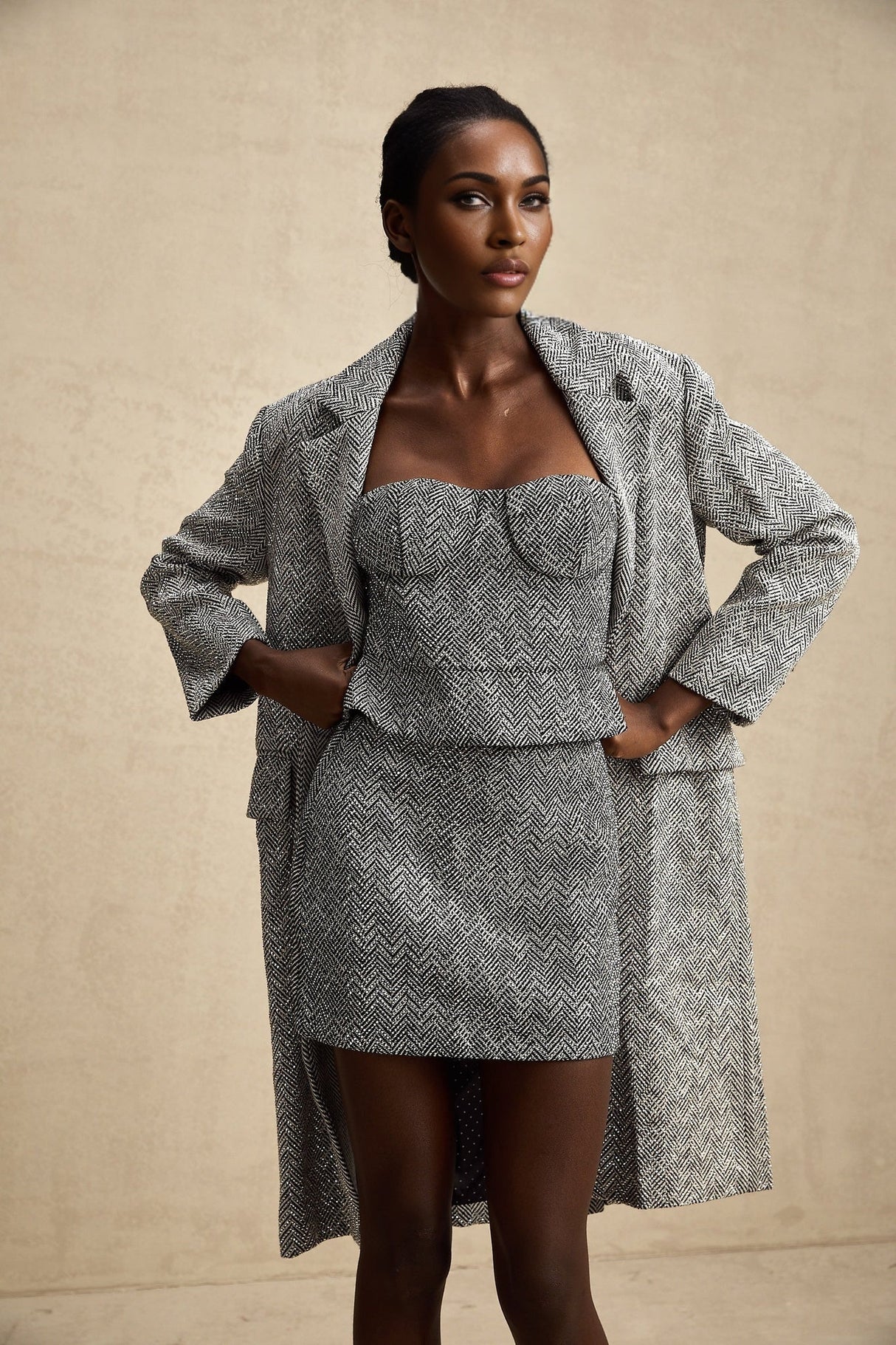 Chantal Herringbone Coat - Lapel Collar - Stud Detail - Button Front - Long Sleeves