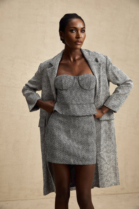 Chantal Herringbone Coat - Lapel Collar - Stud Detail - Button Front - Long Sleeves