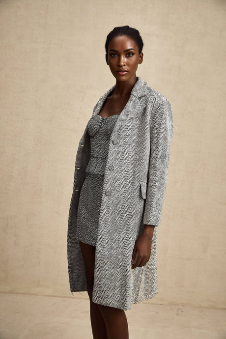 Chantal Herringbone Coat - Lapel Collar - Stud Detail - Button Front - Long Sleeves