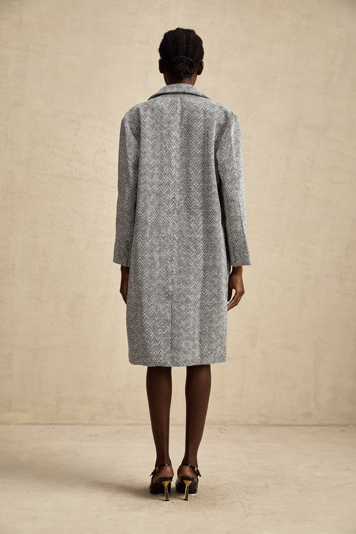 Chantal Herringbone Coat - Lapel Collar - Stud Detail - Button Front - Long Sleeves