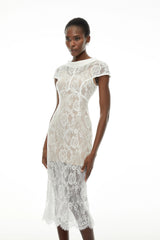 Chantal White Round Neck Floral Lace Midi Dress