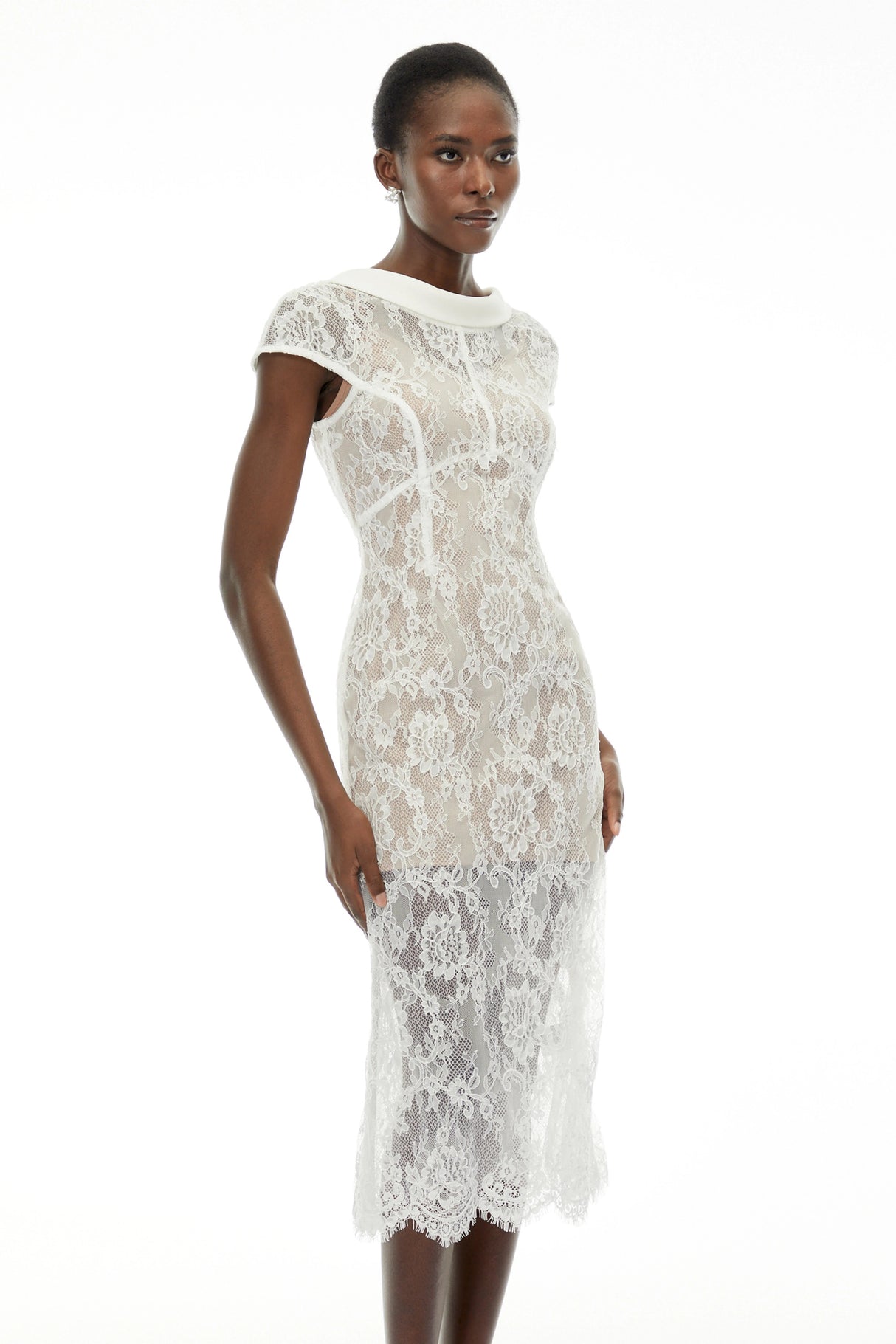 Chantal White Round Neck Floral Lace Midi Dress