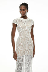 Chantal White Round Neck Floral Lace Midi Dress