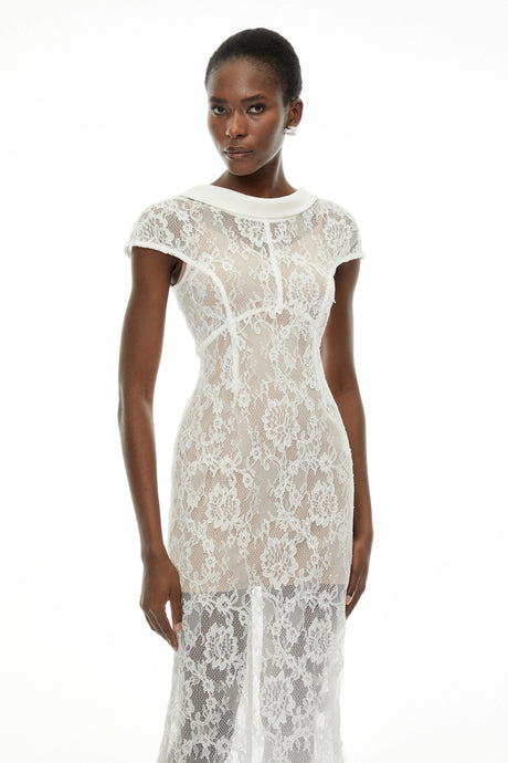 Chantal White Round Neck Floral Lace Midi Dress