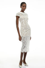 Chantal White Round Neck Floral Lace Midi Dress